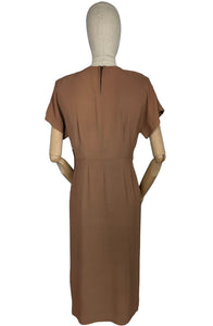 Original 1940’s Cafe Au Lait Crepe Dress with Bronze Beading - Perfect For Day or Evening Wear - Bust 36