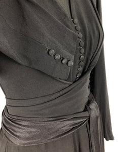 1930s 1940s Wounded but Wearable Black Satin Backed Crepe Dress - Bust 36 38