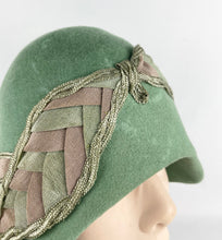 Load image into Gallery viewer, Original 1920s Soft Green Felt Cloche Hat with Wonderful Green and Pink Applique
