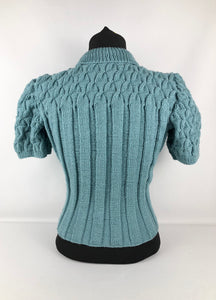 Reproduction 1940s Rib and Cable Knit Jumper in Bashful Blue Acrylic - B36 38 40