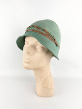 Load image into Gallery viewer, Original 1920’s Soft Green Felt Cloche with Chocolate Brown Velvet Ribbon Trim
