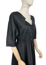 Load image into Gallery viewer, Original 1950&#39;s Inky Black Taffeta Cocktail Dress - Fabulous Little Black Dress with Full Skirt and Black and Gold Buttons - Bust 34 35 36
