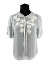 Load image into Gallery viewer, Original 1930&#39;s Powder Blue Chiffon Blouse with White Applique Trim - Bust 32
