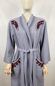 REPRODUCTION 1940s Blue Wool Coat with Burgundy Soutache Trim and Tie Belt - Bust 40 42
