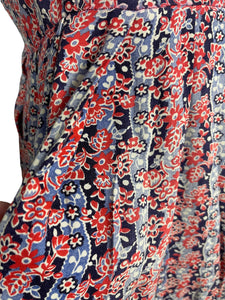 Original 1940's Red, White and Blue Floral Linen Dress with Neat Collar - Bust 34 35 *