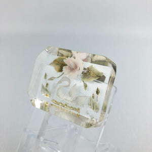 Original 1940s 1950s Reverse Carved Lucite Brooch with Flowers and a Swan