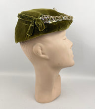 Load image into Gallery viewer, Original 1950’s Green Velvet Evening Hat with Matching Hat Pin - Pretty Sequin Trim
