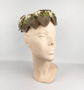 Original 1950's Petal Hat in Brown with Cream Flowers and Velvet Bow Trim