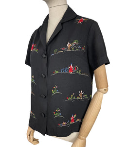 Original 1930's or 1940's Black Linen Blouse with Beautiful Vibrant Embroidery - Bust 38"