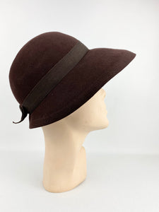 Original 1930s Chocolate Brown Felt Hat - Classic Shaped Piece