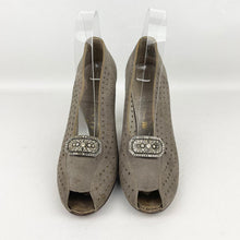 Load image into Gallery viewer, Original 1940&#39;s Grey Suede Peep-toe Shoes with Paste Clips and Punch Detail - UK 4
