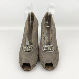 Original 1940's Grey Suede Peep-toe Shoes with Paste Clips and Punch Detail - UK 4