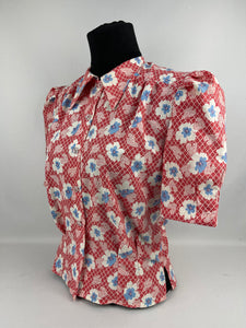 Reproduction Pretty Floral Print Blouse - Patriotic Red, White and Blue with Clear Glass - Bust 34