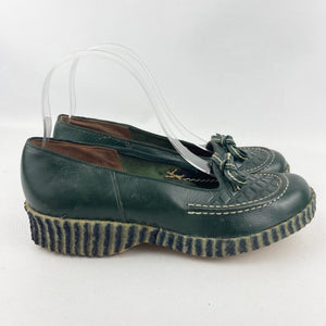 Original 1940's 1950's Forest Green Leather Slip on Shoes with Bow Trim - UK 5 *