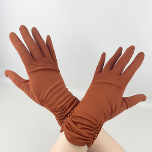 RESERVED Vintage Rich Rust Ruched Nylon Gloves - Great Vintage Accessory