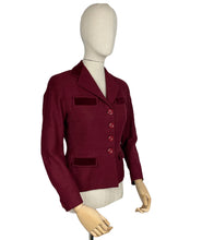 Load image into Gallery viewer, Original 1940&#39;s Burgundy Herringbone Wool Jacket with Rich Velvet Trim - Bust 34 35
