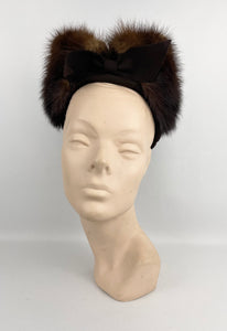 Original 1940’s Dark Brown Felt Hat with Neat Bow and Mink Fur Trim