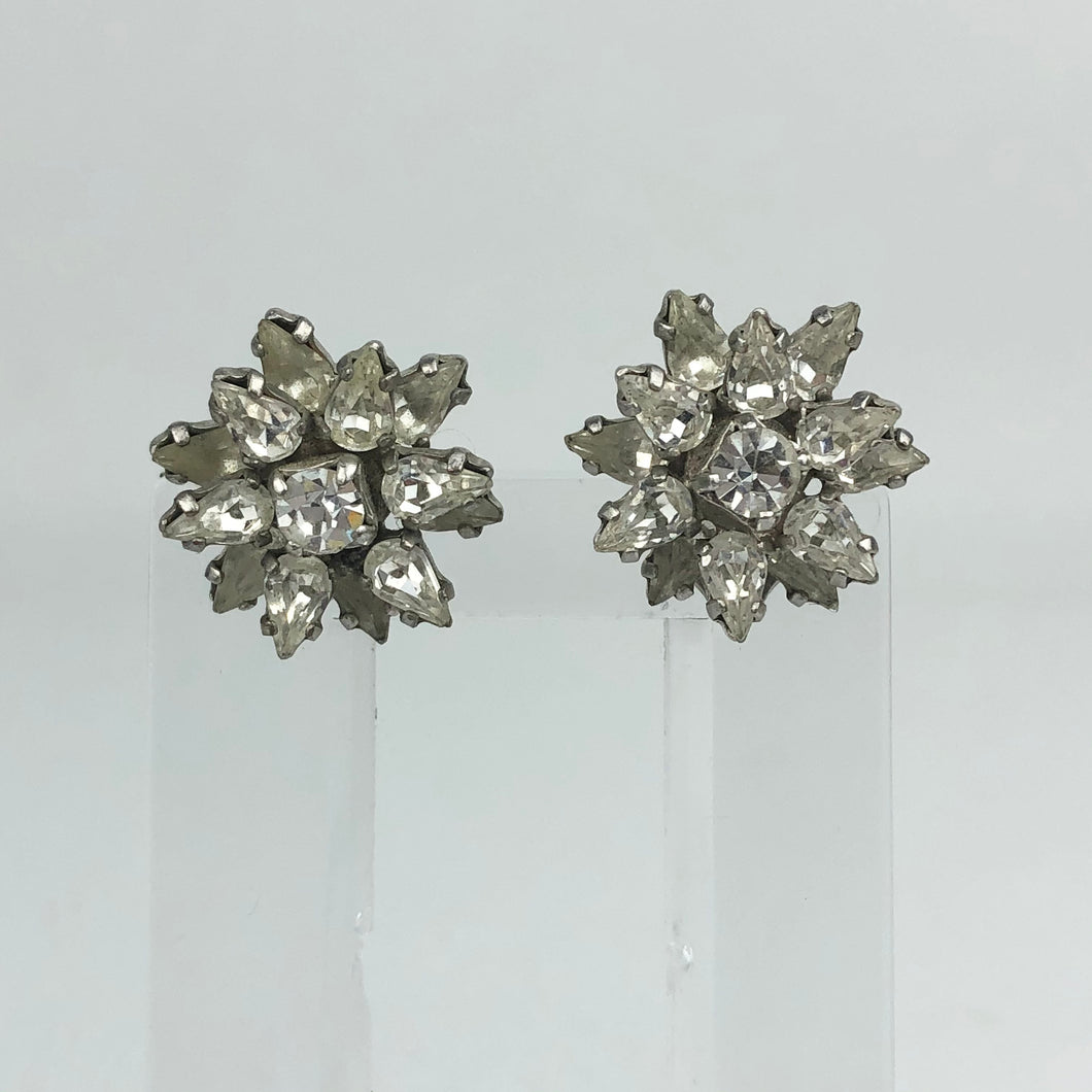 Original 1940s 1950s Claw Set Clear Paste Flower Clip on Earrings