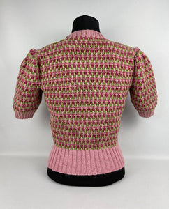 Reproduction 1940s Waffle Stripe Jumper in Pink and Green Knitted from a Wartime Pattern - B 36 38 40