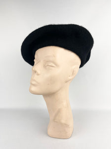 Original 1950s Inky Black Machine Knitted Beret with Paste Decoration
