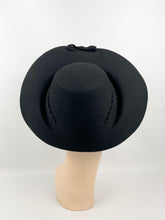 Load image into Gallery viewer, Original 1940s Black Felt Bonnet Hat with Bow Trim and Cut Out Detail
