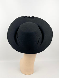 Original 1940s Black Felt Bonnet Hat with Bow Trim and Cut Out Detail