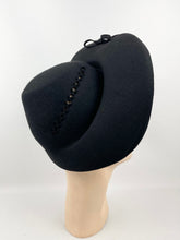 Load image into Gallery viewer, Original 1940s Black Felt Bonnet Hat with Bow Trim and Cut Out Detail
