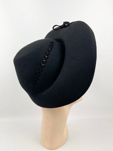 Original 1940s Black Felt Bonnet Hat with Bow Trim and Cut Out Detail