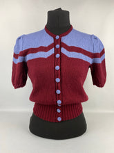 Load image into Gallery viewer, 1940s Reproduction Cardigan Jacket in Burgundy and Lavender Blue Stripes - Bust 34 35 36
