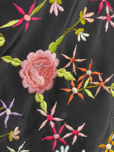 Beautiful Original 1920's 1930's Black Crepe Piano Shawl with Bold Floral Silk Embroidery and Broad