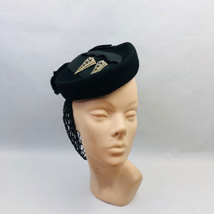 Outstanding Original 1940s Black Felt Hat with Attached Crochet Snood