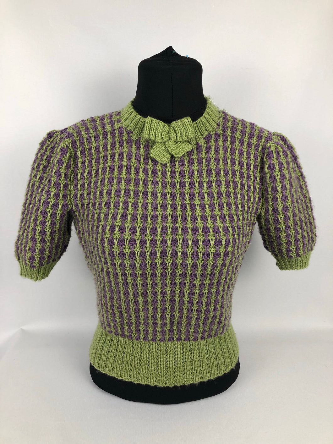 Reproduction 1940s Waffle Stripe Jumper Knitted from a Wartime Pattern in Heather and Fern - B 37 38 39 40 41