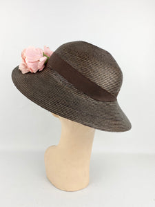 Original 1930s Chocolate Brown Straw Hat with Soft Pink Carnation Trim