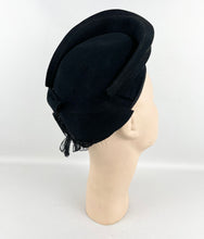 Load image into Gallery viewer, Original 1940&#39;s Inky Black Felt Hat with Fabulous Shaping and Net Trim
