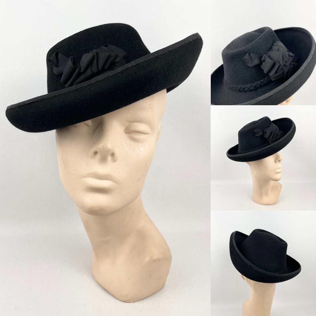 Original 1930s or 1940s Inky Black Felt Hat with Plaited Trim and Grosgrain Frill