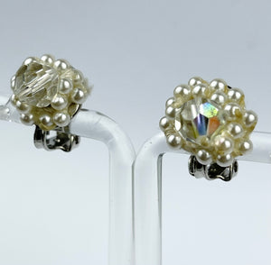 Vintage Faux Pearl and Faceted Glass Aurora Borealis Clip-on Earrings