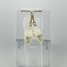 Load image into Gallery viewer, Vintage White Plastic Bar Brooch with Two Little Clogs Hanging - Vintage Dutch Tourist Pin
