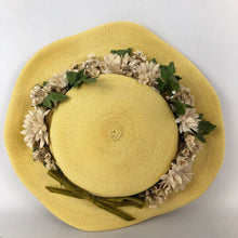 Load image into Gallery viewer, Original 1940s or 1950s Yellow Straw Hat with Wavy Brim and White and Green Floral Trim
