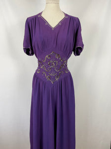 1940s Purple Crepe Evening Dress with Sequin and Bead Detail - Bust 38 39 40