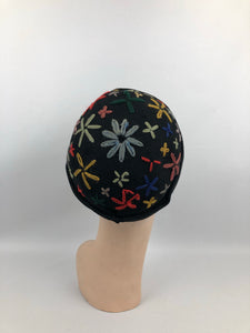 1930s Black Felt Skull Cap with Floral Wool Work Embroidery