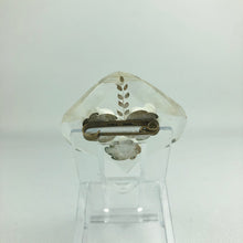 Load image into Gallery viewer, Original 1940s 1950s Reverse Carved Lucite Brooch with Curved Edge and Triple Rose Carving
