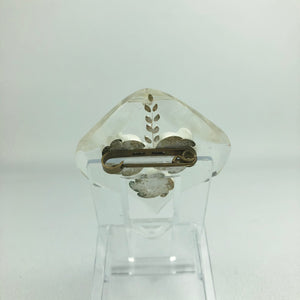 Original 1940s 1950s Reverse Carved Lucite Brooch with Curved Edge and Triple Rose Carving