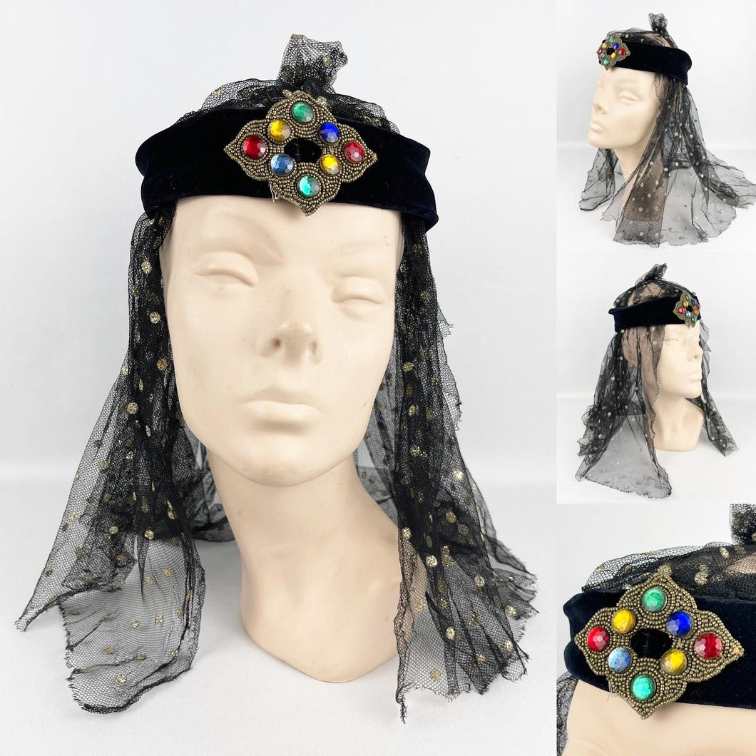 Absolutely Fabulous 1920s 1930s Headdress in Black Velvet, Net and Glitter
