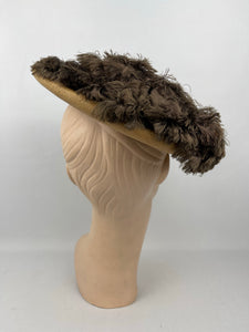 Original 1940s Natural Straw Hat with Warm Chocolate Brown Fringed Trim - AS IS
