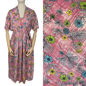 Original 1950's Pink Cotton Dress with Floral Print in Blue, Yellow, Grey and Green - Bust 38 40 *