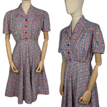 Load image into Gallery viewer, Original 1940&#39;s Floral Stripe Cotton Day Dress with Chevron Skirt - Bust 38 *
