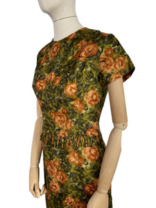 Original 1950's Fine Silk Dress in Green and Brown Autumnal Print - Stylish Piece - Bust 35 36