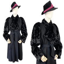 Load image into Gallery viewer, RESERVED FOR SAM Incredible Original 1930s Black Belted Wool Coat with Faux Fur Sleeves - Bust 34 35 36
