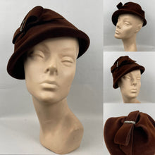 Load image into Gallery viewer, Charming 1950s Warm Brown Felt Hat with Bow and Paste Trim Detail

