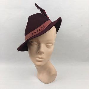 1930s Burgundy Felt Hat with Grosgrain and Feather Trim